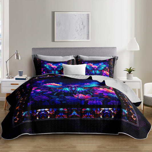 UEVBF Fascinating Butterfly King Size Quilt Set,Dark Blue Floral Pattern Bedding Sets 3 Pieces with 2 Pillowcases,Lightweight Soft Boho Bedding for All Season.