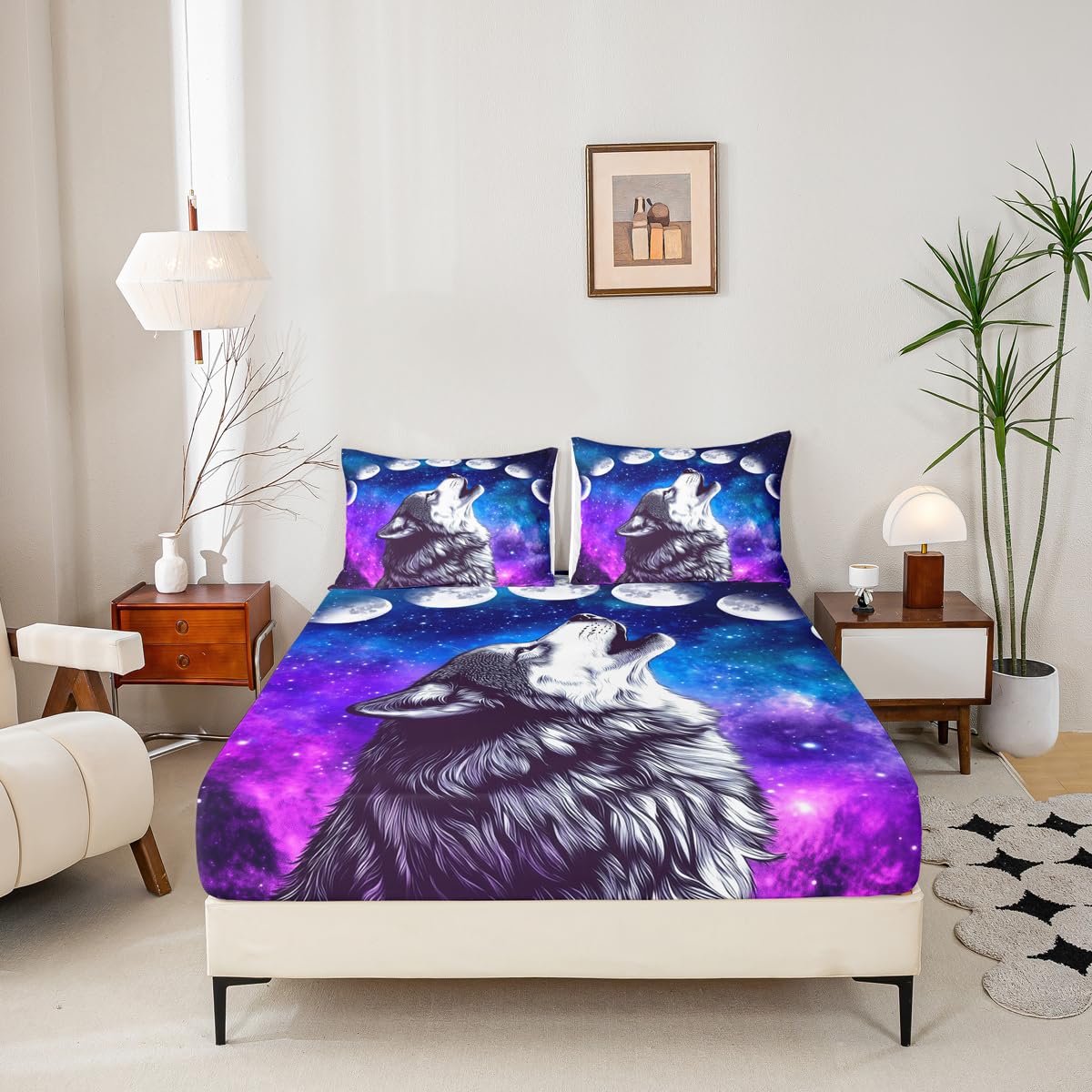 Erosebridal Howling Wolf Bed Sheets Blue Purple Starry Sky Sheet Set Full Size,Galaxy Series Fitted Sheet for Child Teens JCXS8225CLBWTfull 0
