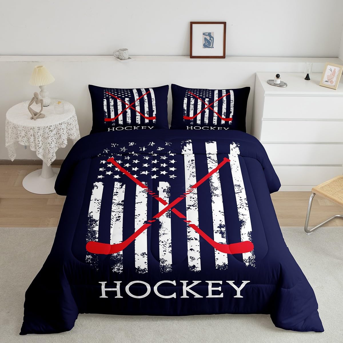 Homewish Hockey Comforter Set,American Flag Bedding Set for Kids Girls Women,Adults Ice Hockey Comforter,Red Blue White Quilted Duvet Set Bedroom Collection Twin Size 2Pcs