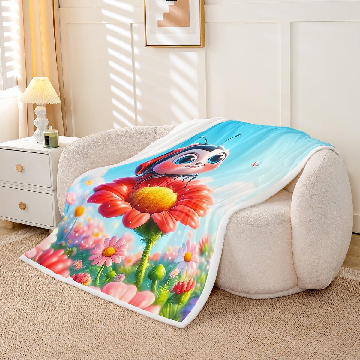 Erosebridal Cute Ladybug Throw Bed Blanket Watercolor Flowers Ladybird Throw 50"X60" Fleece Blankets for Kids Boys Girls,Kawaii Animal Sherpa Blankets Cartoon Ladybug Spring Floral Fuzzy Blanket