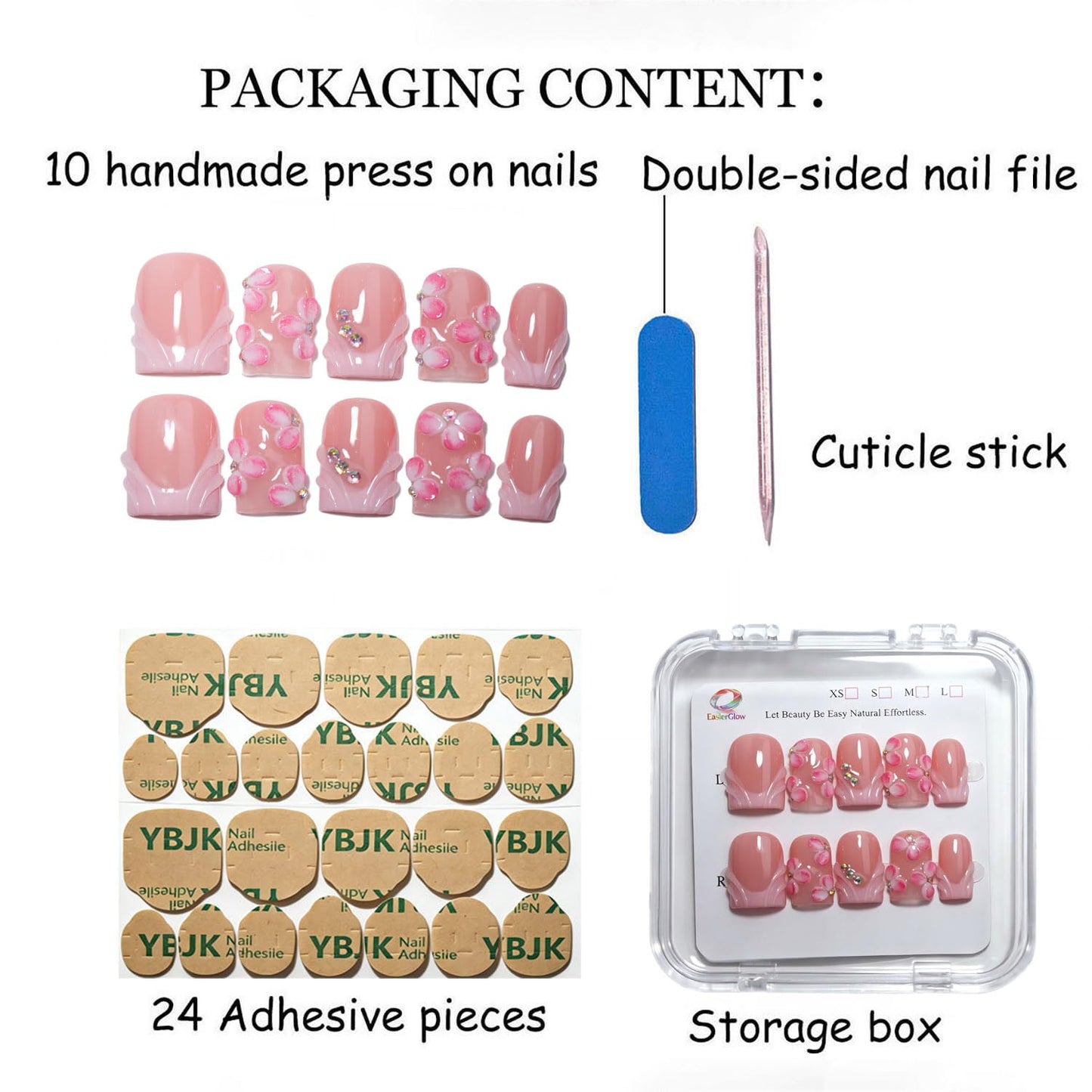 EasierGlow 10Pcs Handmade Short Square Press On Nails | Easy Apply & Remove, Reusable Salon Quality Nails | Pink Press Ons with 3D Ombre Flowers, Crystal Accents & Wave French Tips (Y214, S)