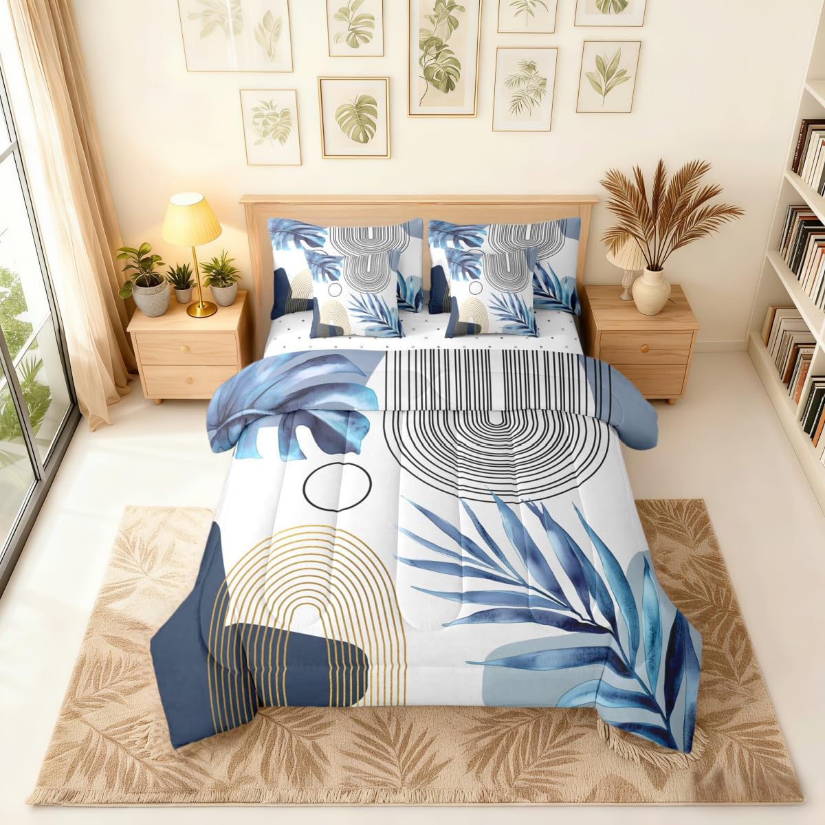 Erosebridal Blue Gold Boho Mid Century Full 7 Pcs Bedding Set, Abstract Minimalist Comforter Set with Sheets, Modern Geometric Simple Arch Bed in A Bag, Tropical Plant Palm Leaf Aesthetic Bed Sets