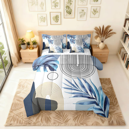 Erosebridal Blue Gold Boho Mid Century Full 7 Pcs Bedding Set, Abstract Minimalist Comforter Set with Sheets, Modern Geometric Simple Arch Bed in A Bag, Tropical Plant Palm Leaf Aesthetic Bed Sets