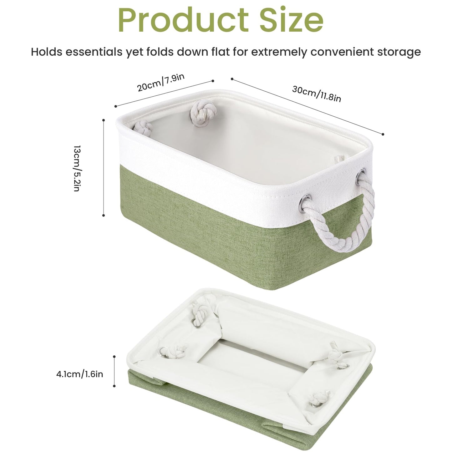 VQRTEXA Storage Baskets for Shelves 11.8x7.9x5.2 Inch, Foldable Fabric Storage Bins with Handles, Small Storage Baskets for Organizing Closet, Office, Home Organization (3-Pack, White&Green)