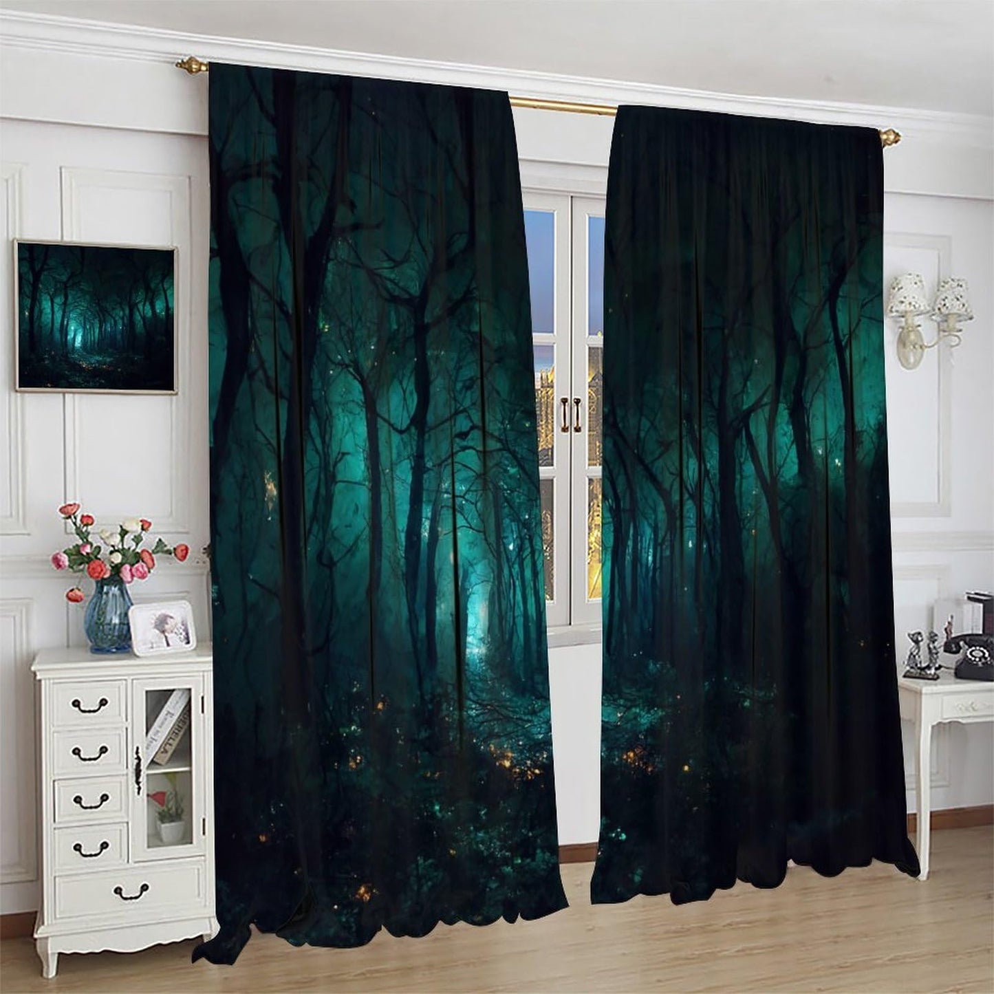 SHElifestyle Gothic Forest Curtains, Darkness Spooky Window Treatments, Creepy Horror Dark Tree Halloween Fireflies Window Drapes for Bedroom Living Room Kitchen W42 X L45