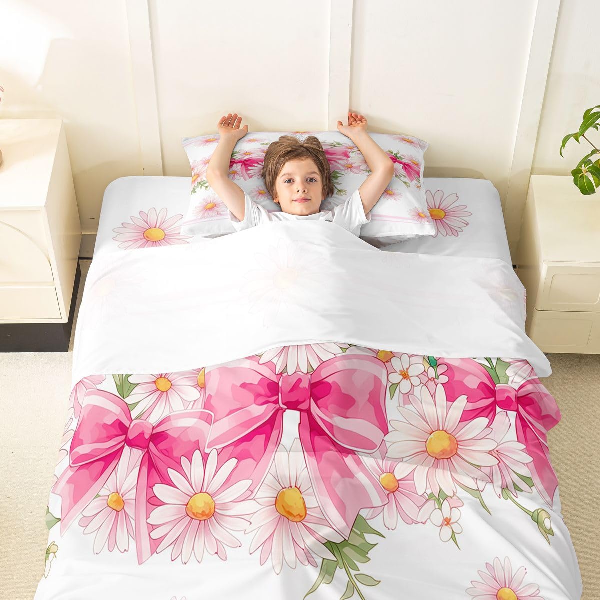 Erosebridal Gradient Pink Daisy Sheet Set Watercolor Ribbon Bows Flowers Twin Sheets Set for Tween Boys Girls,Kawaii Cute Bowknot Flower Cartoon Bow Tie Floral Boho Fitted Sheet