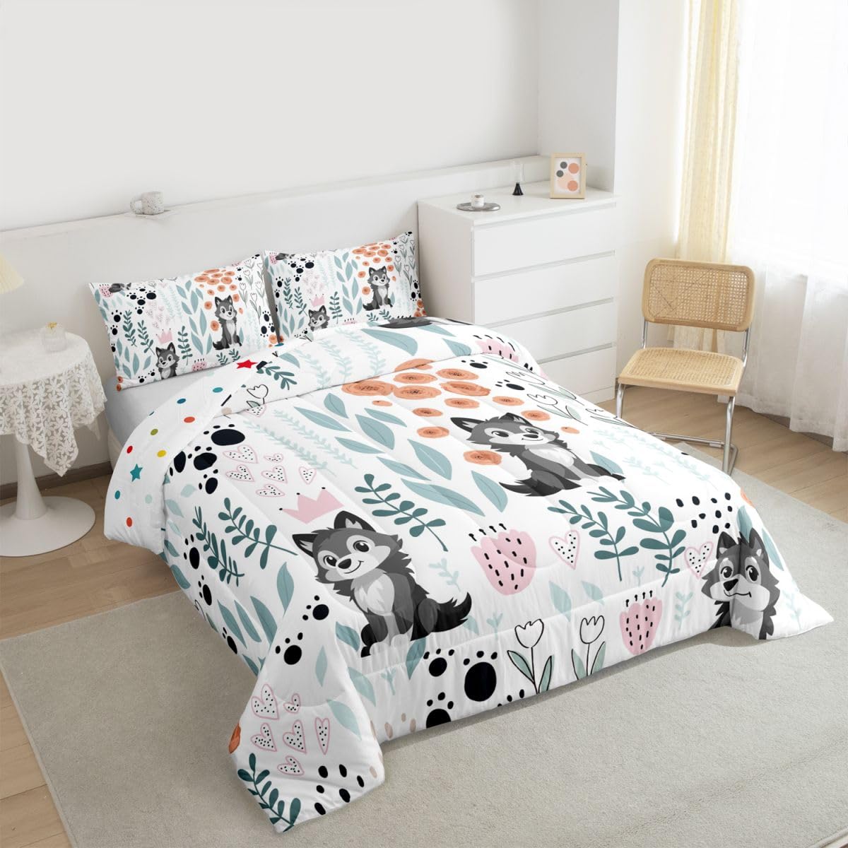 Erosebridal Kawaii Grey Wolf Bedding Set Twin Size,Wildlife Animals Wolf Comforter Set for Kids Girls Boys,Cute Love Heart Leaf Flower Comforter Set,Paw Print Quilt Bed Set with 1 Pillow Case