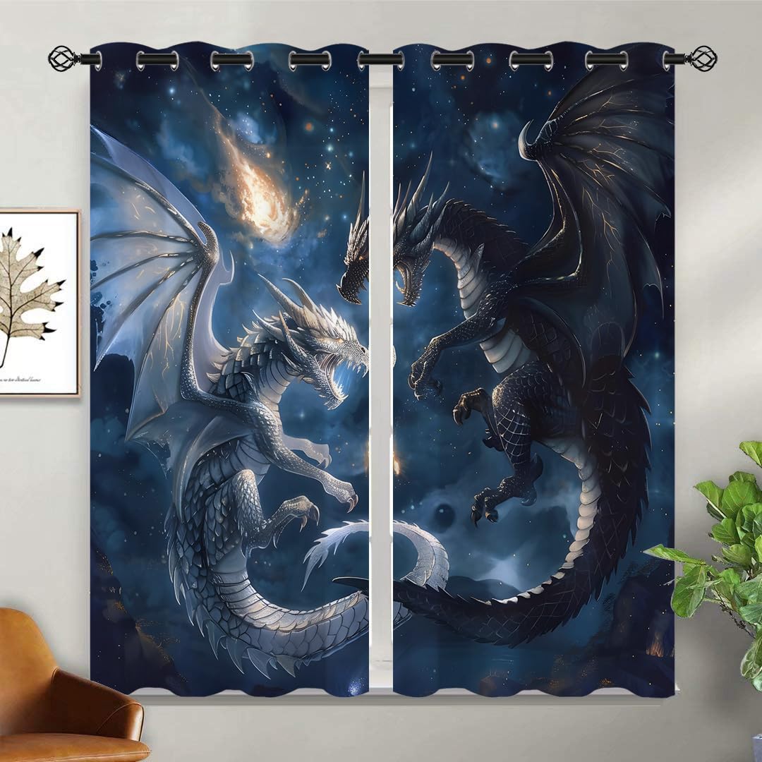Dragon Blackout Curtains for Girls Boy Home Decor, Magical Black White Dragon Galaxy Space Blue Grommet Thermal Insulated Drapes Darkening Window Curtain for Bedroom Living Room, 42 x 45 Inch