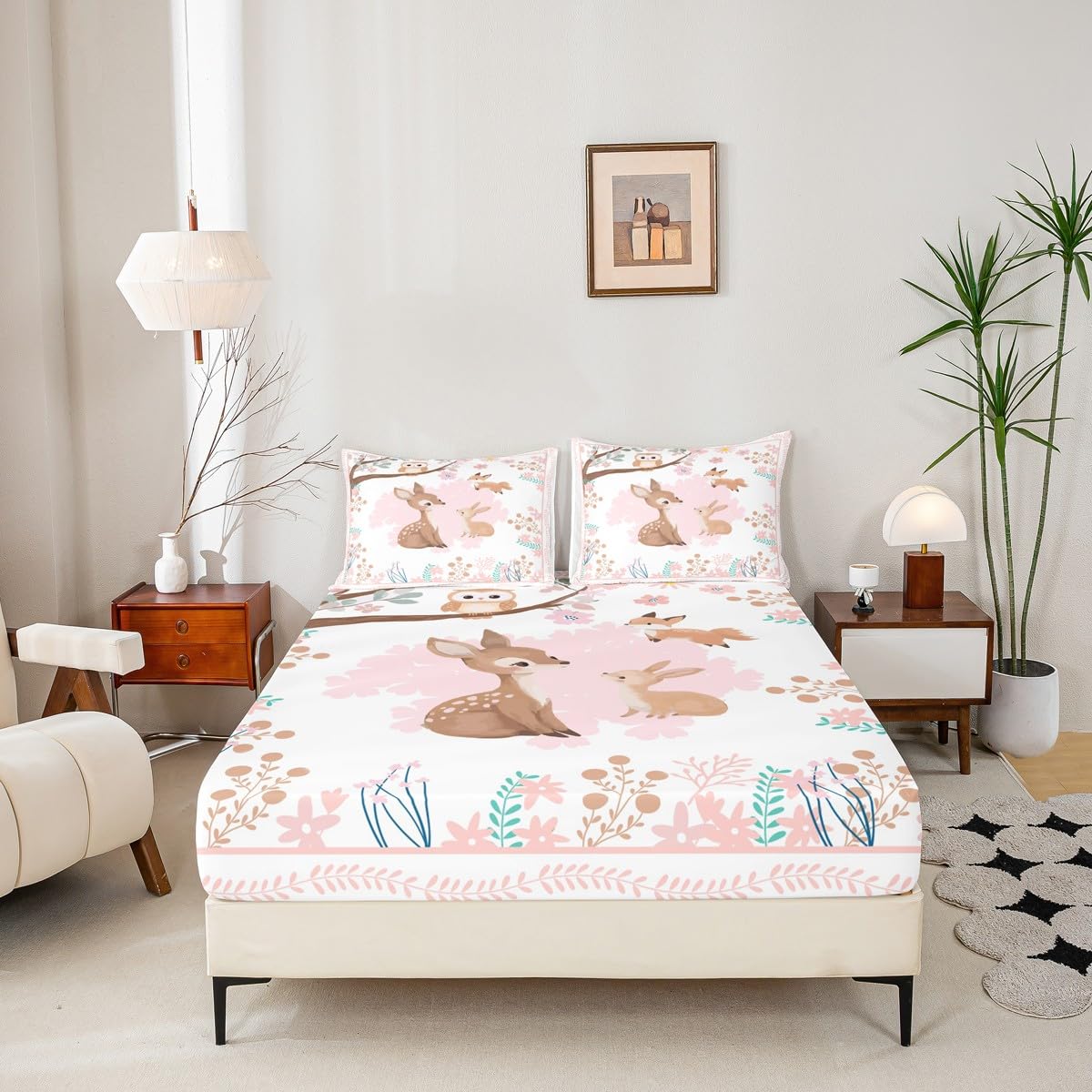 jejeloiu Cute Sika Deer Bedding Sheets Queen Size Pink Flower Bed Sheet Set for Kids Boys Girls Fairytale Theme Fitted Sheet Kawaii Owl Bed Cover 3Pcs,1 Fitted Sheet+2 Pillow Sham（No Flat Sheet）