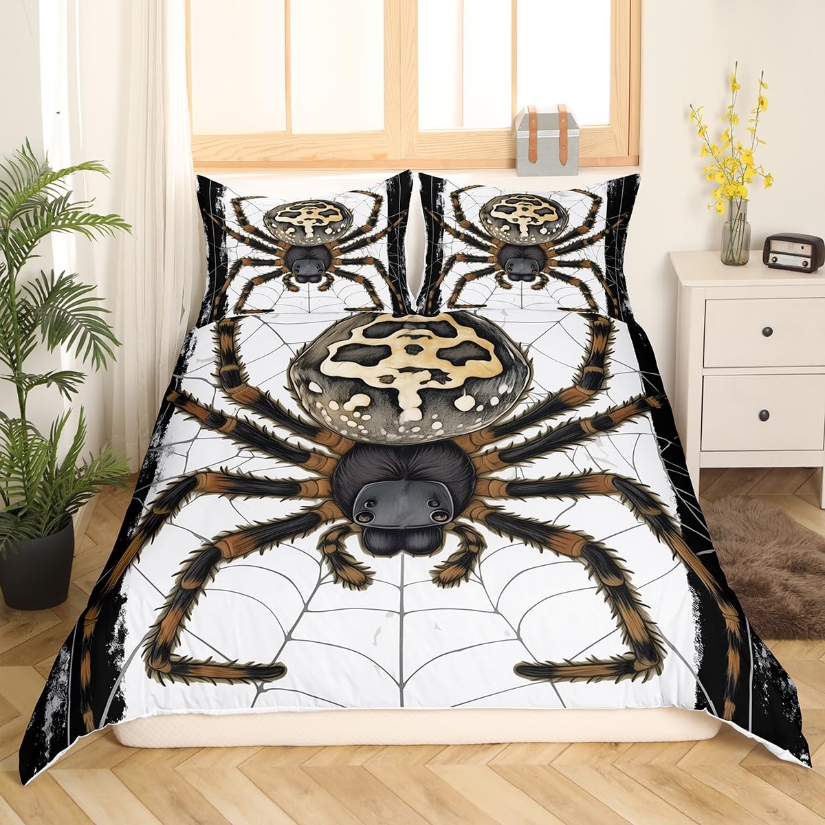 Feelyou Halloween Themed Bedding Set Queen Size Kids Spider Print Comforter Cover Set for Boys Girls Teens Animal Print Duvet Cover Spider Web Bedspread Cover（No Comforter