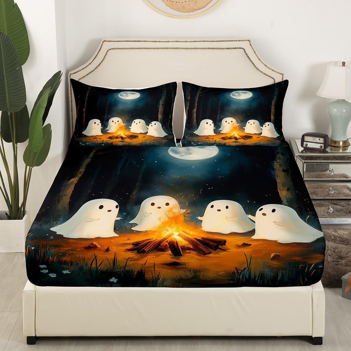 jejeloiu Cute Ghost Sheet Set for Girls Boys Kids King Size Happy Halloween Sheets with Deep Pocket Fitted Sheet Ghost at Campfire Bed Sheets Set Bedding Set,1xBed Sheets Set+ 2xPillow Shams