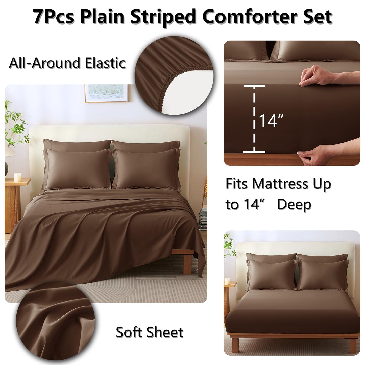 CozyLux Full Size Comforter Sets Brown - 7 Pieces Bed in a Bag, Modern Vertical Quilted Room Decor, Soft All-Season Bedding Gift with Comforter, Sheets, Pillowcases & Shams