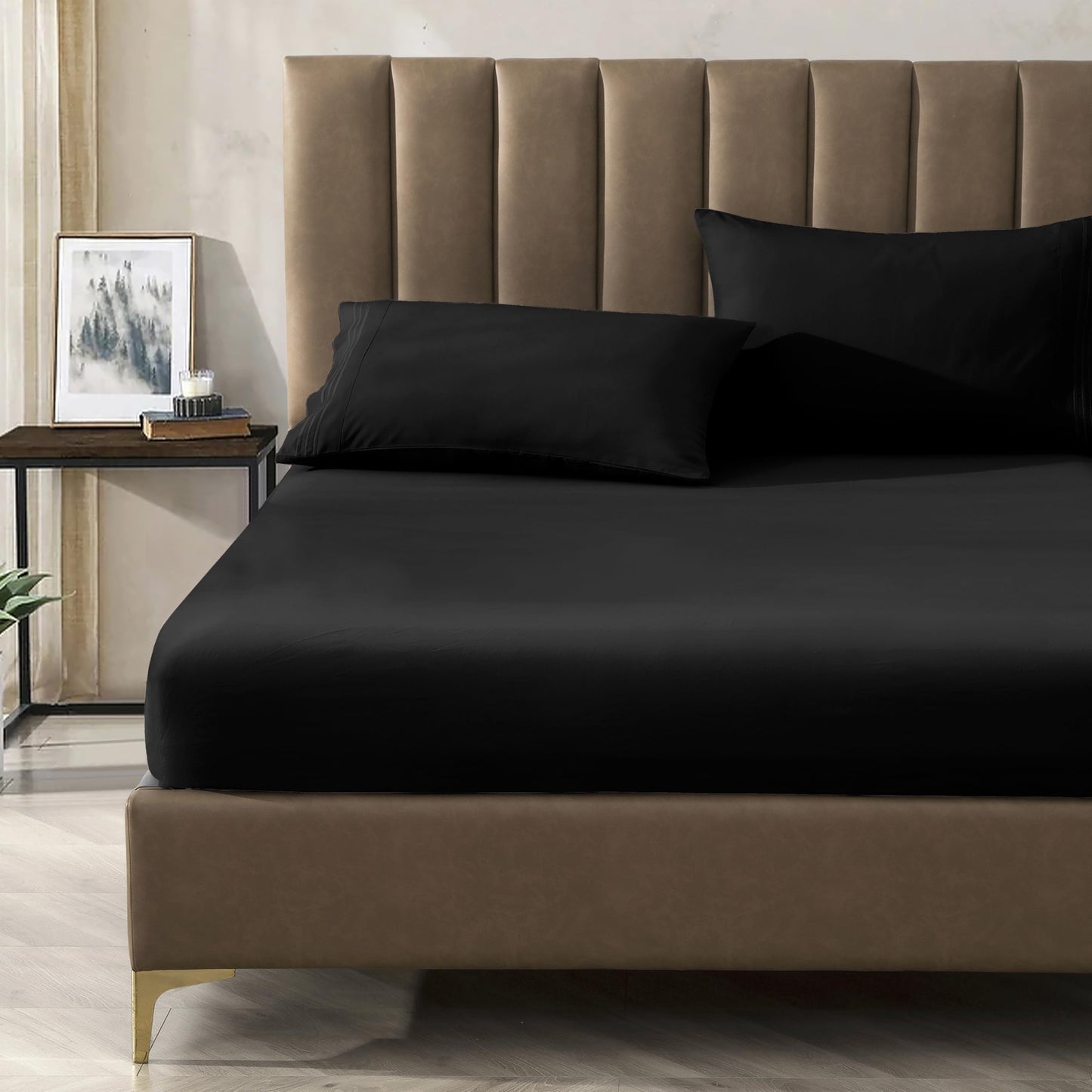 CELINE LINEN Premium 1800 Hotel Quality Wrinkle-Resistant 4-Piece Microfiber Sheet Set - Luxury Ultra Soft and Breathable Bedding 16 Inch Deep Pocket 4PC Sheet Set, King, Black