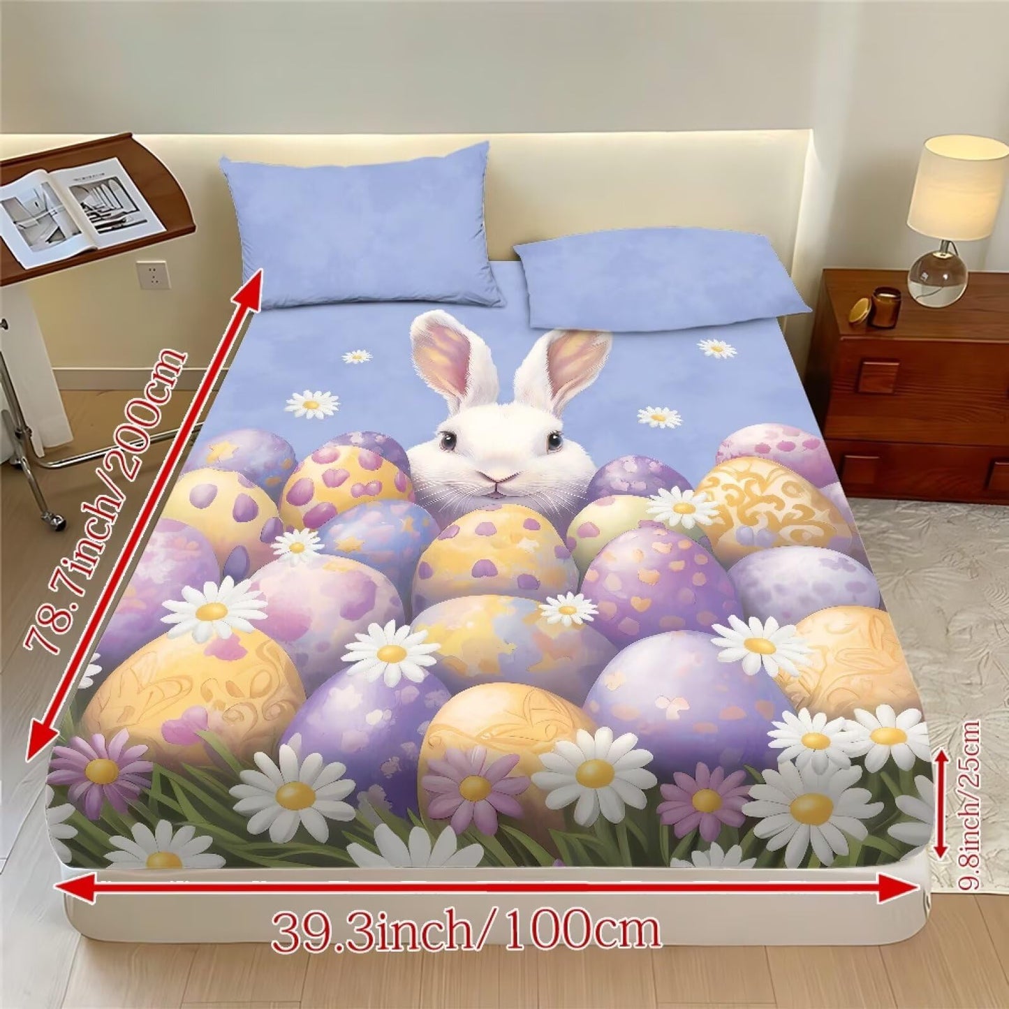 ZDCUSTOM Easter Bedding Set Twin XL Size Eggs Bunny Fitted Sheet with 2 Pillowcases,3 Pieces Fresh Cute Printed Soft Sheet Set Easy Care & Non-Slip Home Decor, 39" x 79"