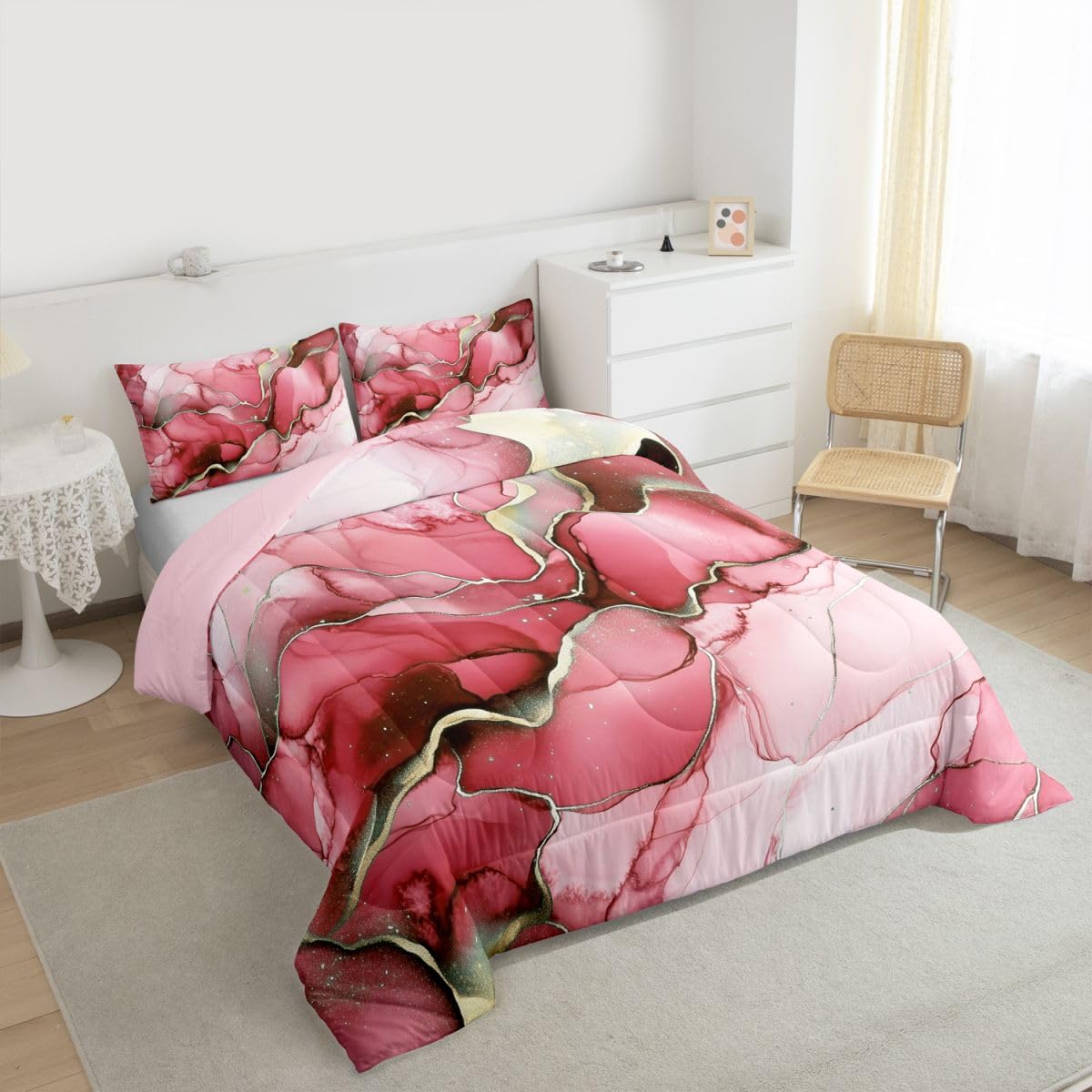 Erosebridal Marble Kids Comforter Sets Pink Marble Print King Bedding Set for Boys Girls Gold Liquid Quicksand Design Comforter Set,Novelty Modern Marbling Quilt Duvet 3 Pcs
