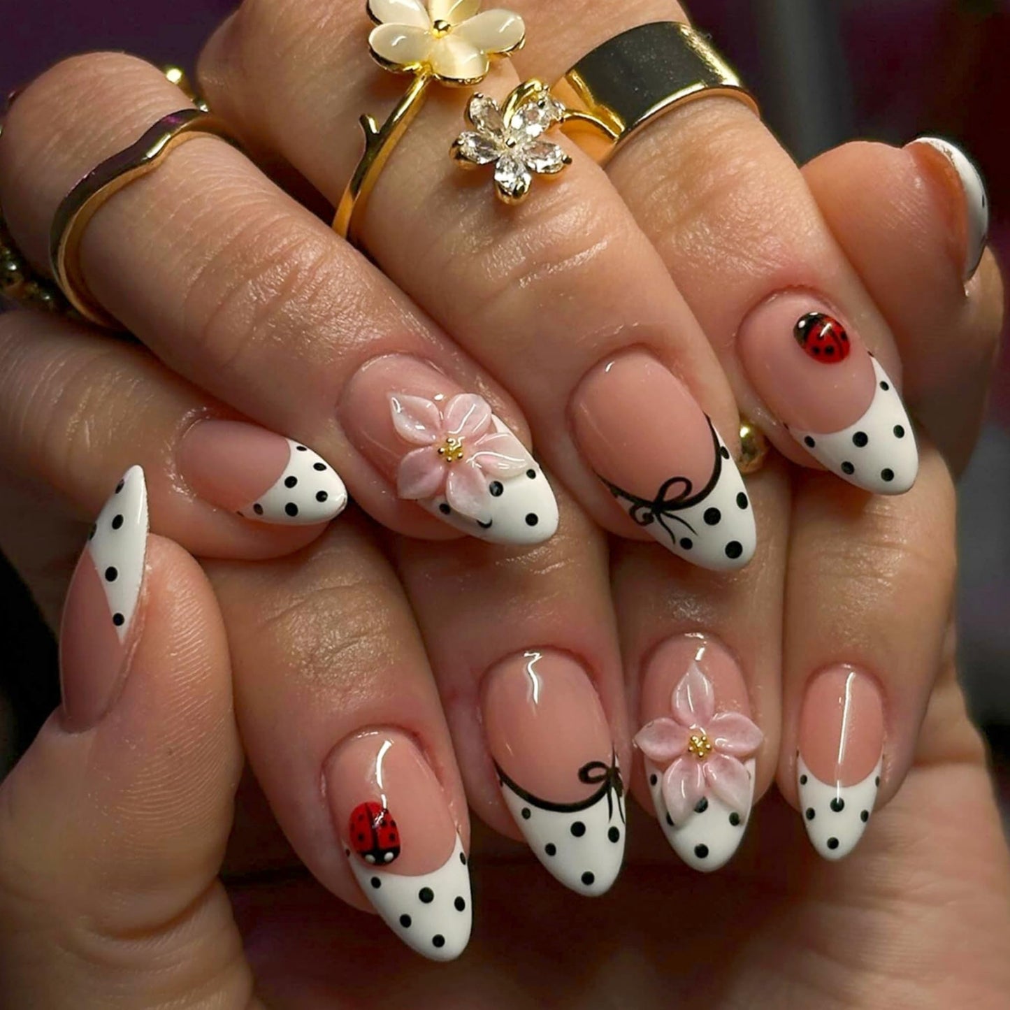 Long Press on Nails Almond Fake Nails White Acrylic Nail Press Ons Seeneey French Stick on Nail Polka Dot Bow 3D Flower Ladybug Glossy Full Cover for Women 24pcs