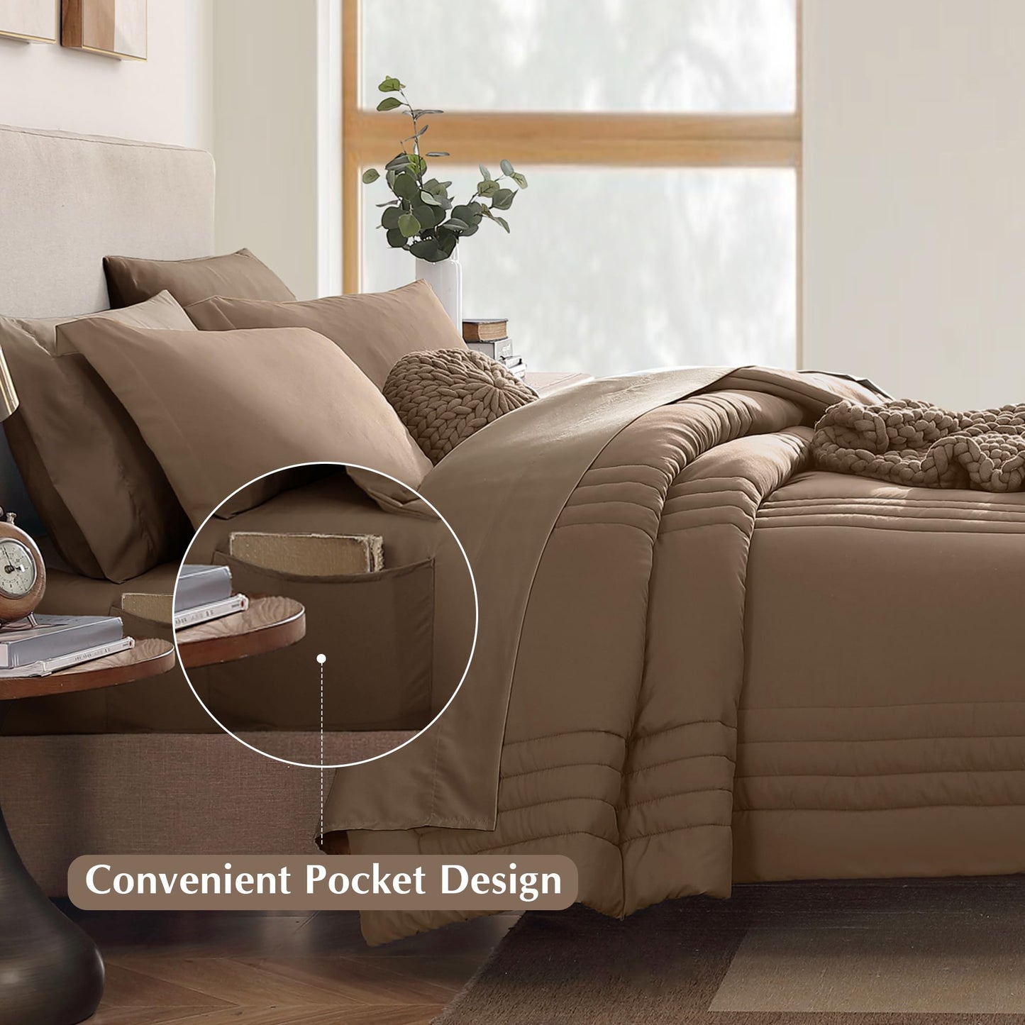 Monbix Queen Comforter Set - 7 Pieces Raw Umber Bed in a Bag Queen Bedding Sets with Comforters, All Seasons Comforter Bed Set with Sheets, Pillowcases & Shams