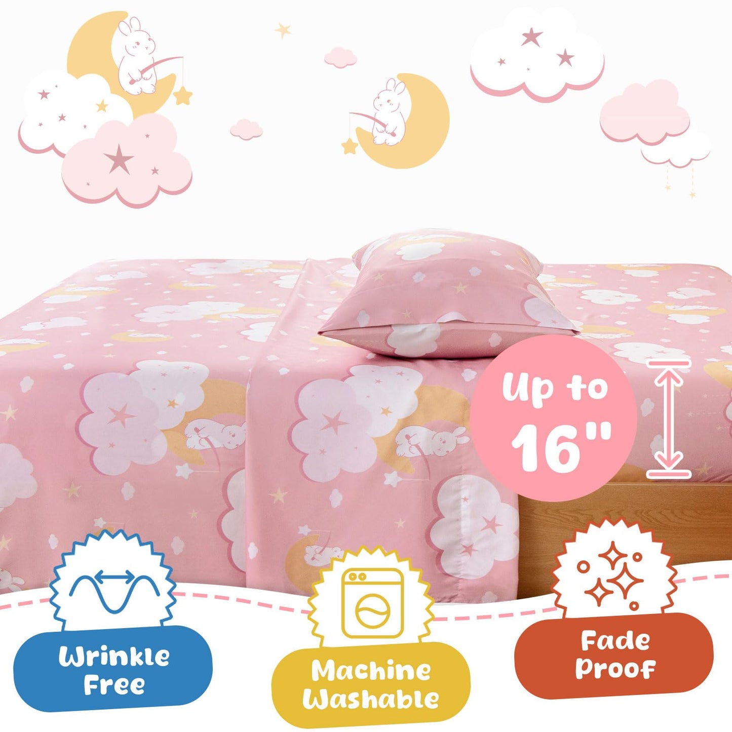Swiftify Twin Sheet Set for Kids Girls, 3-Piece Bed Sheet Set for Toddler, Soft Brushed Microfiber Bedding, Deep Pocket, Wrinkle & Fade Resistant, Pink Bunny