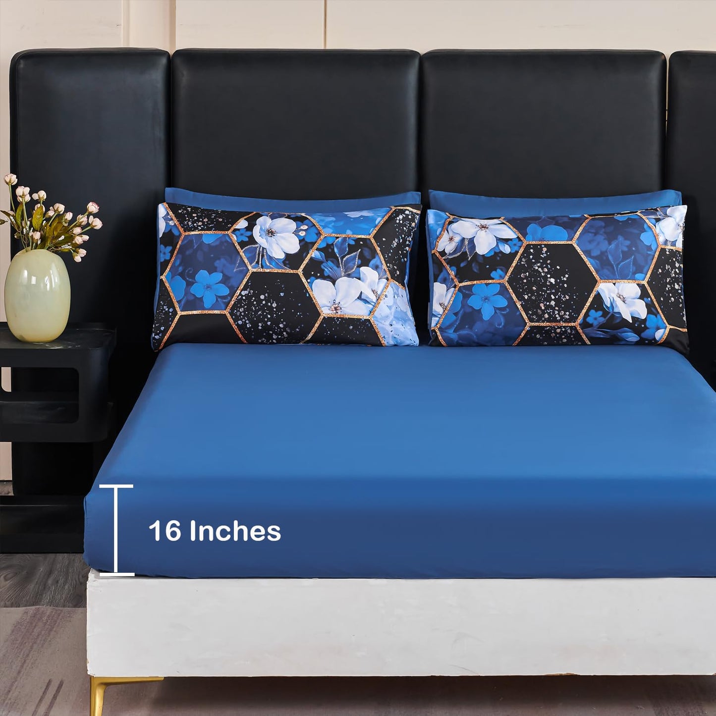 ANGIYUIN 7 Pieces Blue Black Full Size Bedding Sets Marble Comforter Set White Floral Bedding Comforter Sets Gold Geometric Bed in A Bag with Sheets for Women Men