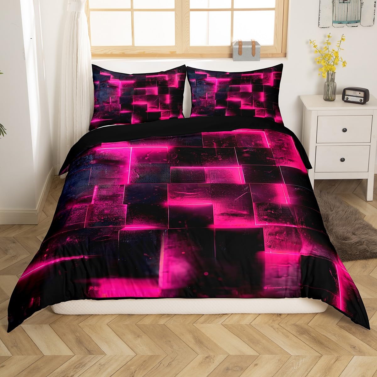 Hot Pink Black Bed Set 3D Glowing Buffalo Duvet Cover Queen Size Modern Abstract Art Queen Bedding Sets Geometric Plaid Comforter Cover, Gradient Futuristic Cubes Bed Cover (Black Reversible)