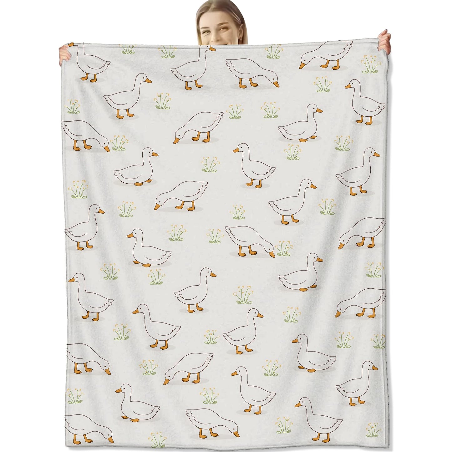 cromcu Duck Blanket for Farm Animal Lovers, Cute Cartoon Wildflower Flannel Blankets, Countryside Beige Gifts, Soft Warm Cozy Throws for Sofa Couch Bed Living Room Bedroom Home Decor 60" x 50"