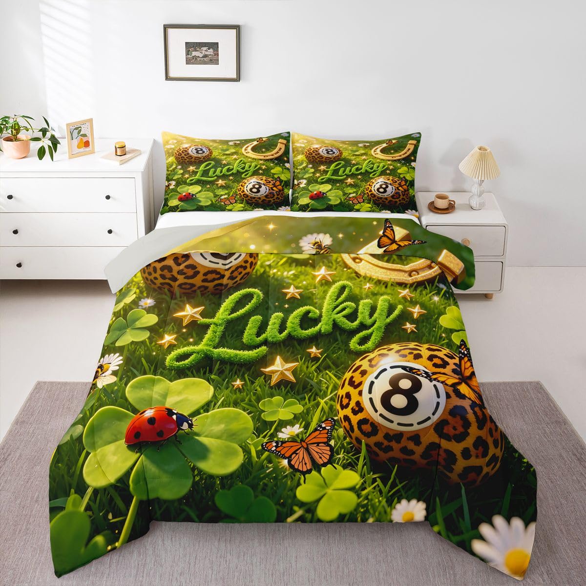 Erosebridal Y2K Lucky 8 Ball Comforter Set Twin Girly Fashion Leopard Bedding Set for Girls Room Decor,Preppy Cheetah Print Comforter for Kids Teen Adults,Trendy Aesthetic Y2K Style Bed Set