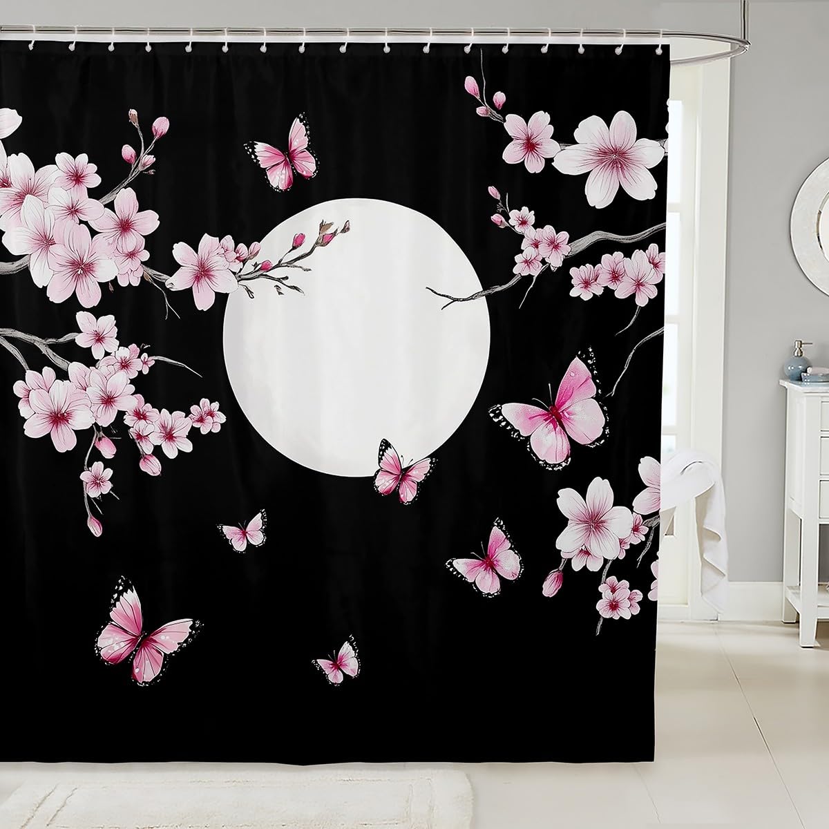 jejeloiu Pink Cherry Blossoms Shower Curtain 72"x72" Japanese Butterfly Bath Curtain Boys Girls Teens Sakura Flower Moon Bathroom Shower Curtain Set Floral Botanical Kids Bathroom Accessories Branches