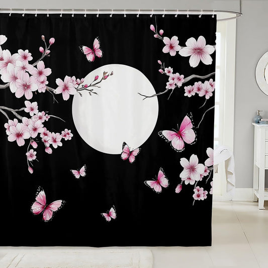 jejeloiu Pink Cherry Blossoms Shower Curtain 72"x72" Japanese Butterfly Bath Curtain Boys Girls Teens Sakura Flower Moon Bathroom Shower Curtain Set Floral Botanical Kids Bathroom Accessories Branches