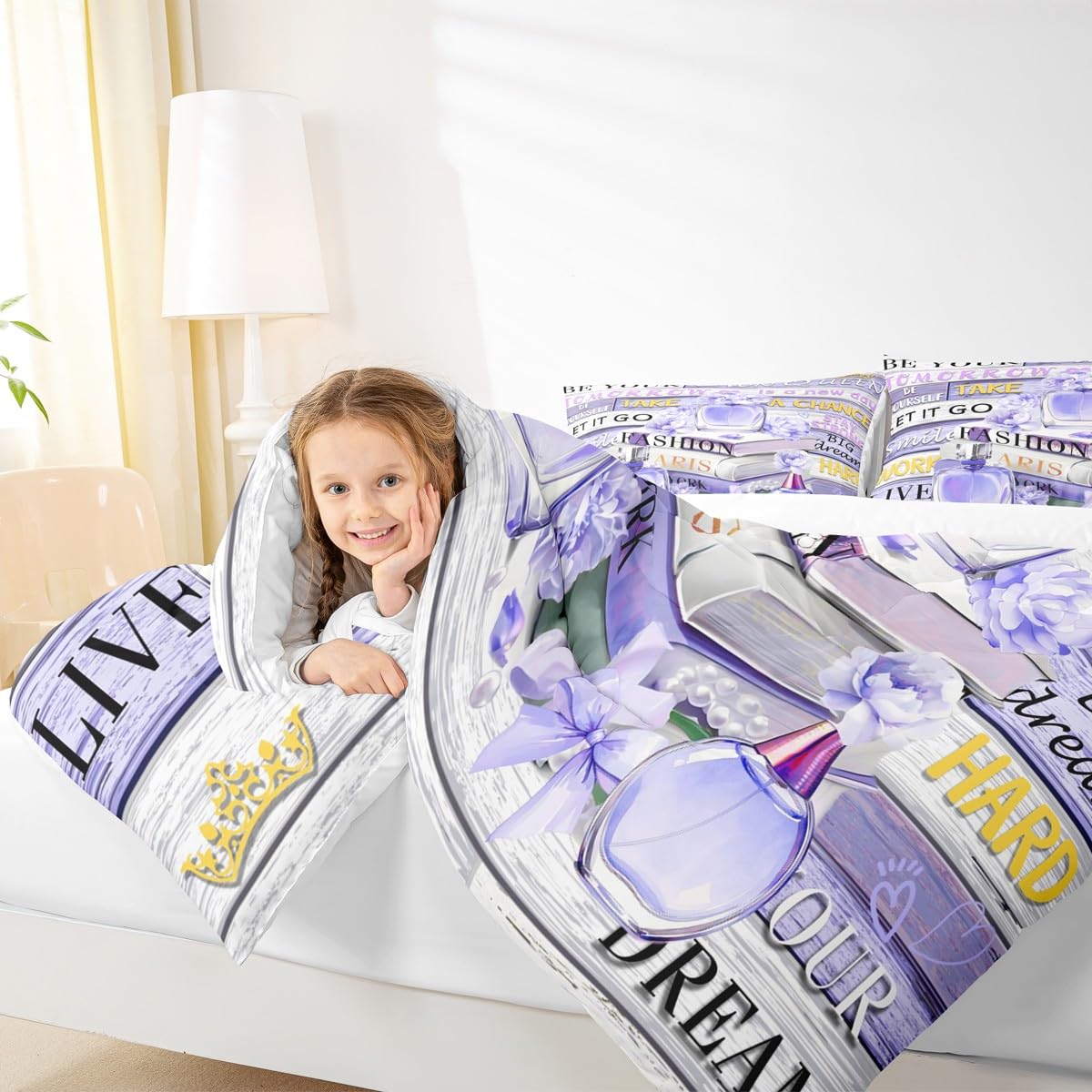 Erosebridal Blue Purple Fashion Floral Comforter King Size for Girls Women Girly Fantasy Aesthetic Modernas Bed Set Boho Funny Cute Paris Bedding Perfume Preppy Dreamy Blueviolet Bow Quilt