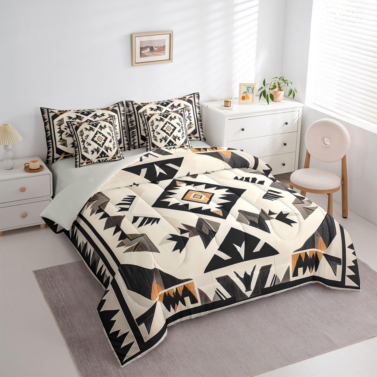 Erosebridal Geometric 7 Piece Bedding Set Queen Aztec Comforter Set with Sheets Rhombus Triangle Simple Western Bed in a Bag Southwestern Tribal Farmhouse for Teens Men Women