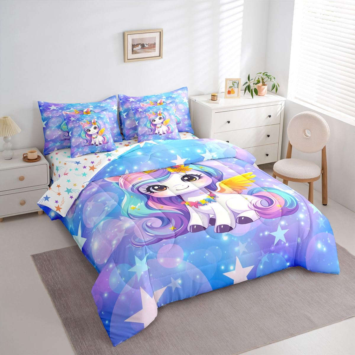 Feelyou Girls Cute Unicorn Comforter Set with Sheets 7 Piece Twin Size Glitter Bed in a Bag Kids Boys Girls Princess Decor Bedding Set Cute Animal Bedroom Decor Breathable Soft Lightweight Microfiber
