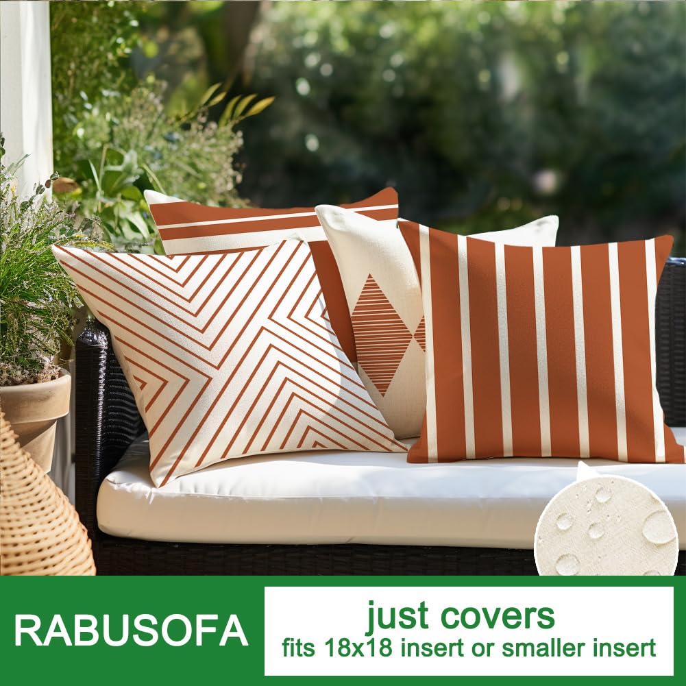 RABUSOFA Outdoor Pillows Covers 18x18 inch Waterproof,Fall Rust and Beige Boho Cushion Cases Set of 4 for Patio Furniture Sunbrella Couch(No Insert)