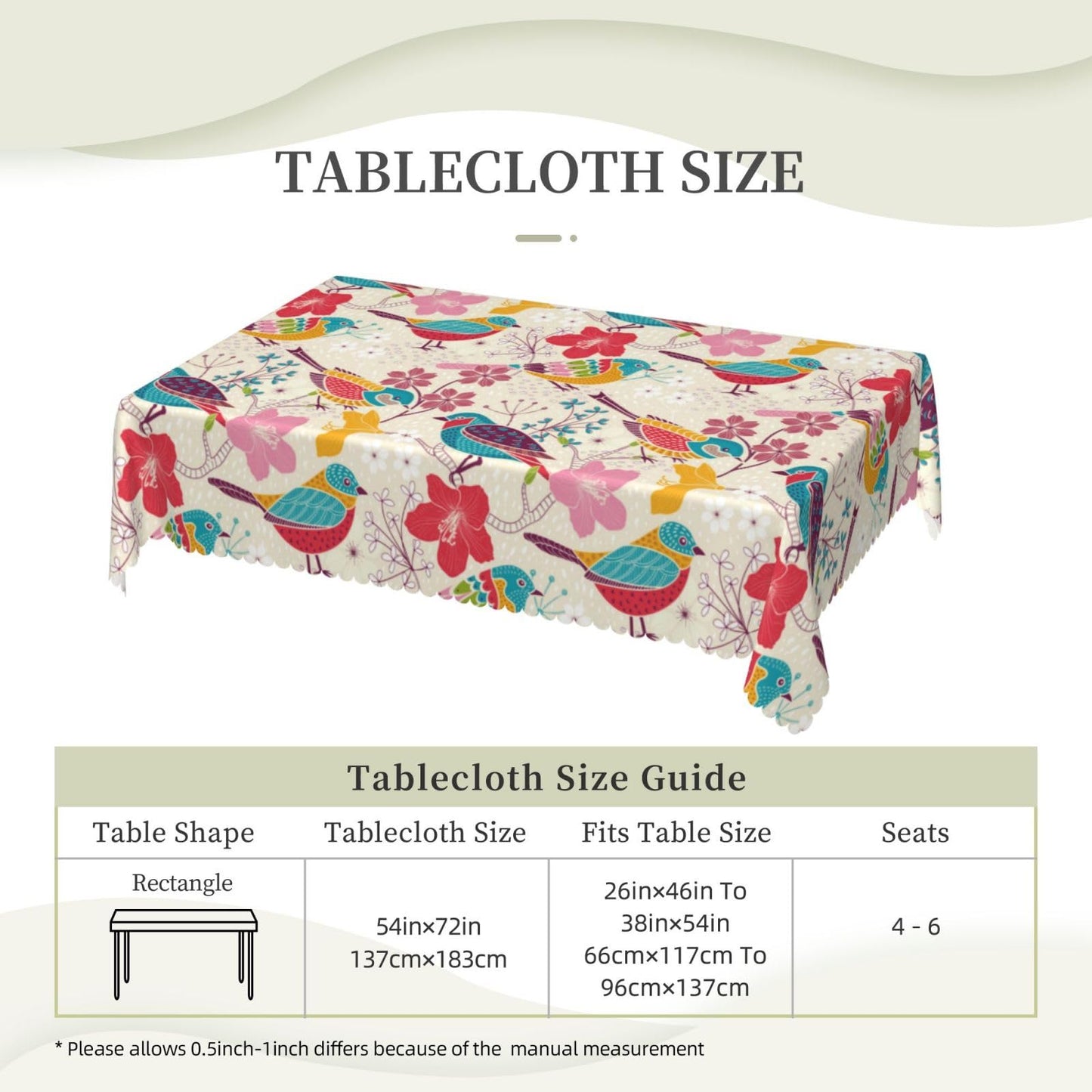 LORCARVIS Floral with Birds Tablecloth Floral Birds Pattern Polyester Rectangle Table Cloth Washable Seasonal Tabletop for Kitchen Dinning Party Outdoor Picnic 54 x 72 Inch Tablecloths