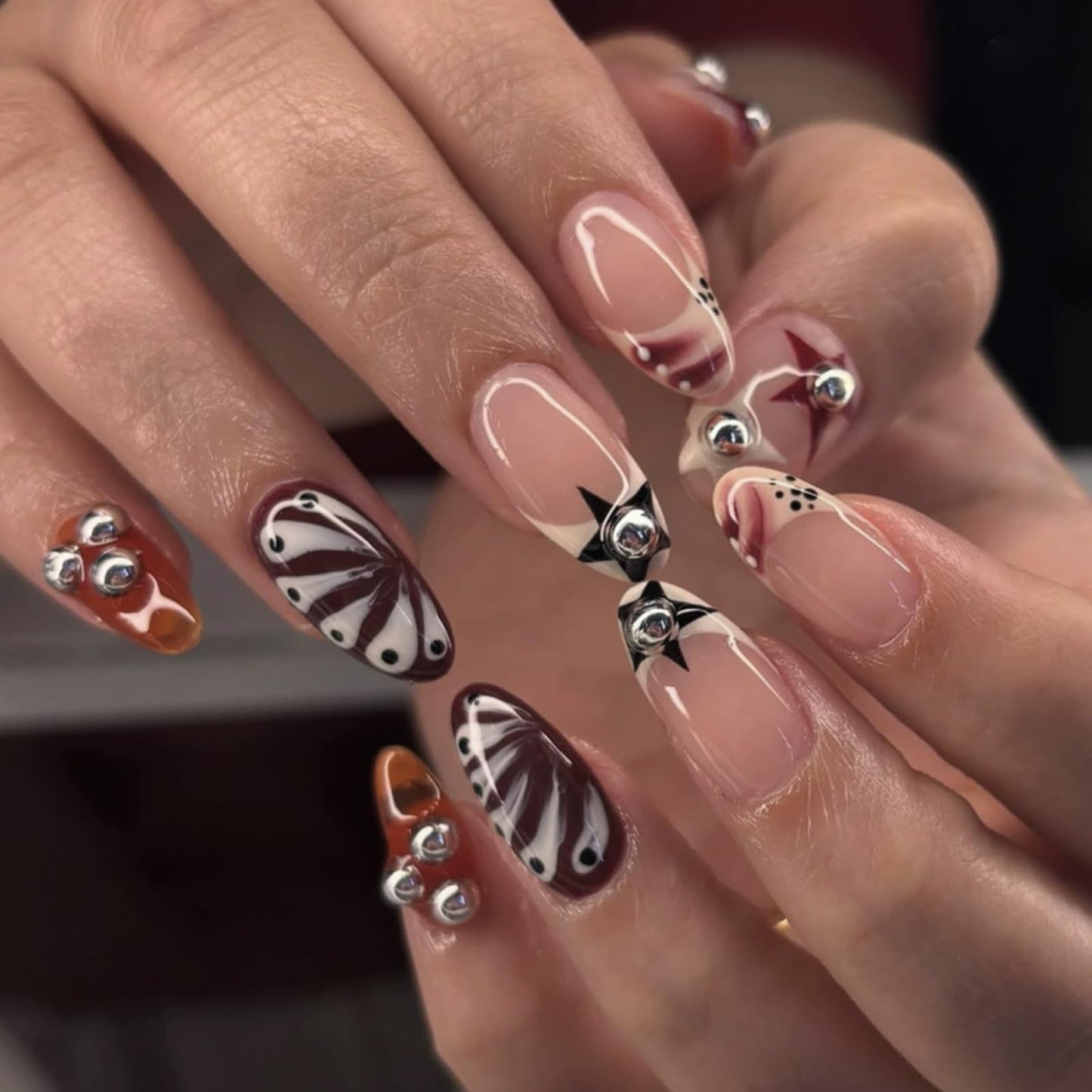 IMSOHOT Medium Almond Press on Nails- Metal Ball & Star French Tip Design, Glossy Acrylic Handmade Glue on Fake Nails, Y2K, Punk Artificial False Nails 24Pcs