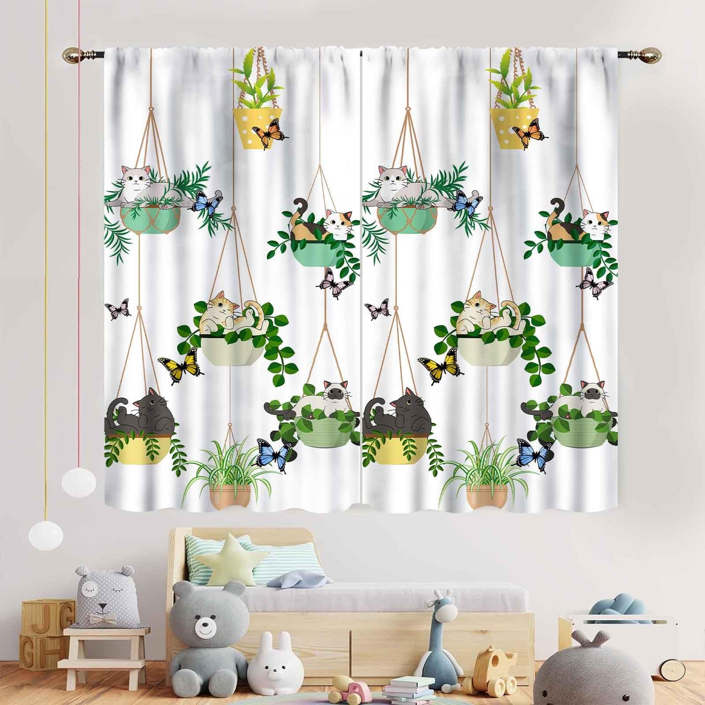 TKUYO Cat Curtains, Rustic Farmhouse Hanging Potted Plants Blacketplants Kitty Cute Lovely Cats Botanical Printed Sage Green Drapery for Bedroom Living Room Kitchen 2 Panels Set, 42"x45" Inch