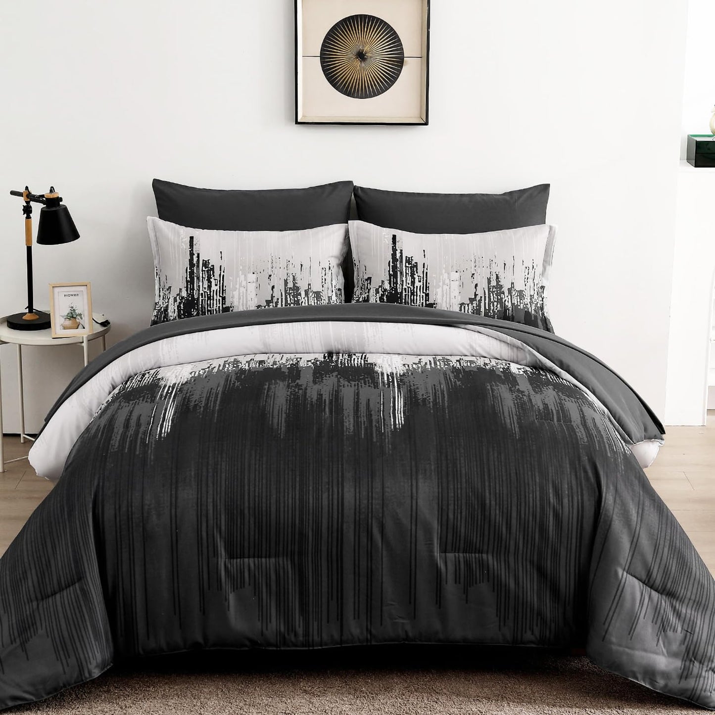 WONGS BEDDING Comforter Set Queen,Black Grey 7 Pieces Bed in a Bag Colorful Abstract Art Gradient Comforter Soft Microfiber Bedding Set with Comforter,Flat Sheet,Fitted Sheet,Pillow Shams,Pillowcases