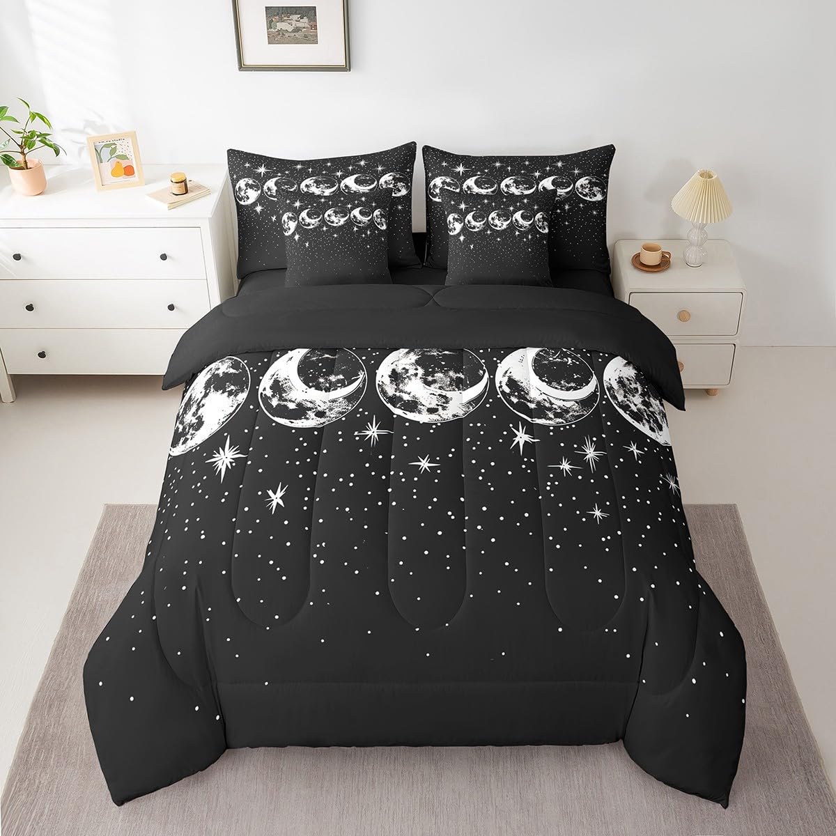 Erosebridal Starry Sky 7 Piece Comforter Set Full Bed in a Bag,Sun Moon Bedding Sets Aesthetic Galaxy Series Sheet Set with Comforter
