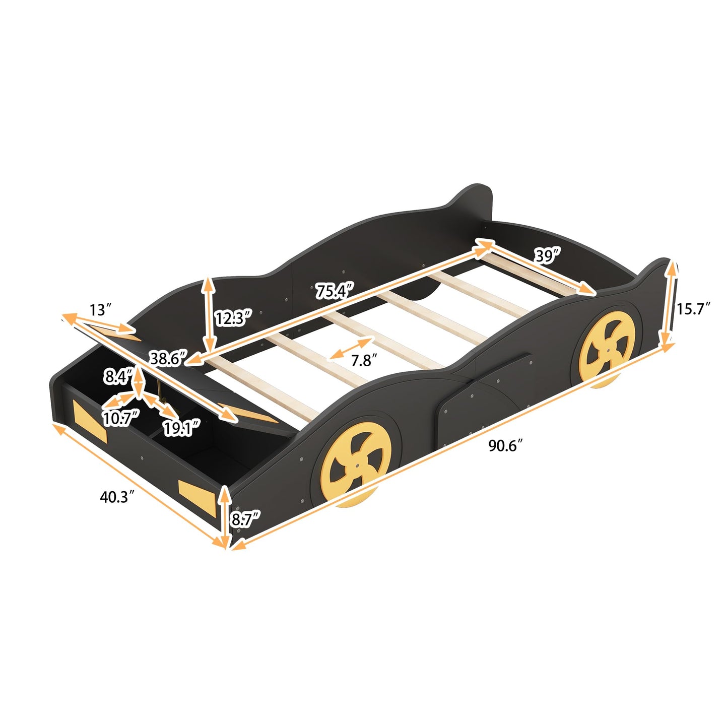 Acosure Twin Size Race Car Bed Platform Bed with Wheels and Storage,Wood Bed Frame W/Wood Slats Support,for Kids Boys Girls Teens,Box Spring Not Required,Black+Yellow