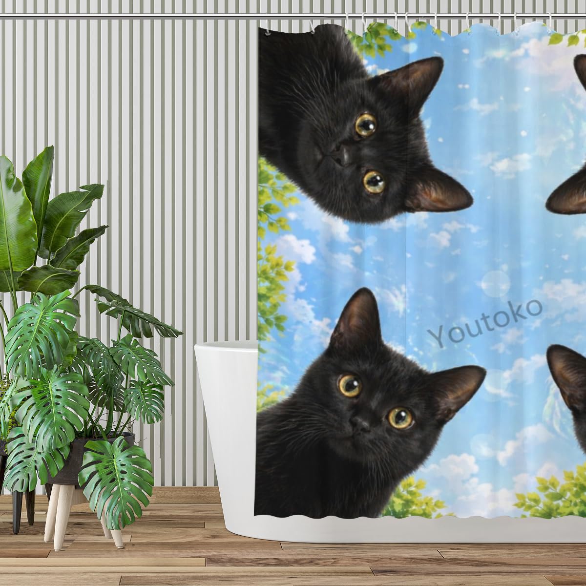 Youtoko Cute Black Cat Bathroom Decor Shower Curtain 72x72 Inch with 12 Hooks Blue Sky Nature Animal Waterproof Washable Polyester