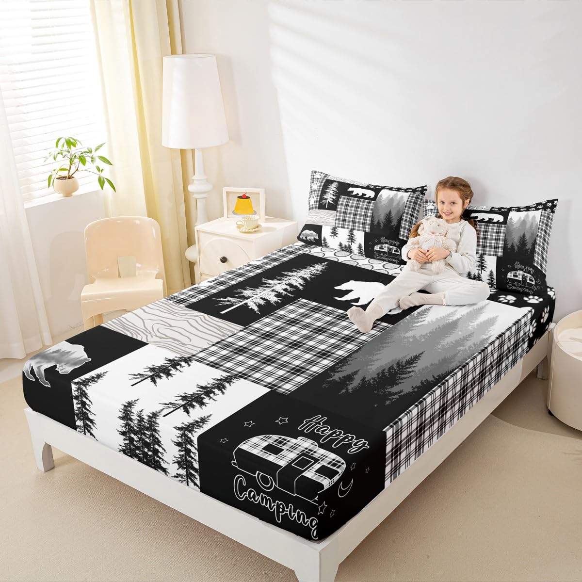 Bear Sheet Set Queen Size,Wildlife Hunting Woodland Rustic Cabin Bed Sheets for Boys Girls Kids Adult,Camping Adventure Geometric Plaid Patchwork Fitted Sheet,Xmas Pine Tree Sheets Gray Black