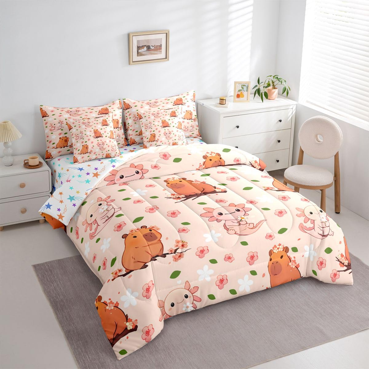 Erosebridal Cute Axolotl Queen Bedding Set Kids Cartoon Capybara Comforter Set for Boys Girls Teens Dreamy Pink Cherry Blossom 7-Piece Bed in a Bag Princess Cute Capybara Axolotl Quilt Sets