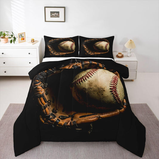 Erosebridal Baseball Comforter Set Queen Size Sports Game Bedding Baseball Player Duvet Insert for Kids Boys Teens Retro Style Quilt for Room Dorm Decorative, Brown Down Comforter
