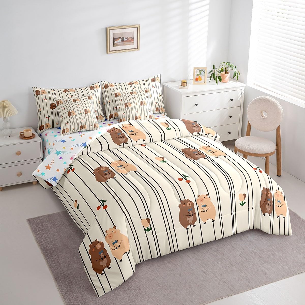 Cute Capybara Twin Comforter Set with Sheets, Lovely Beaver 7 Piece Bedding Set Cherry Fruit Geometric Flowers Pattern Bed in a Bag, Natural Theme Rodents Rodent Animals Print Decor