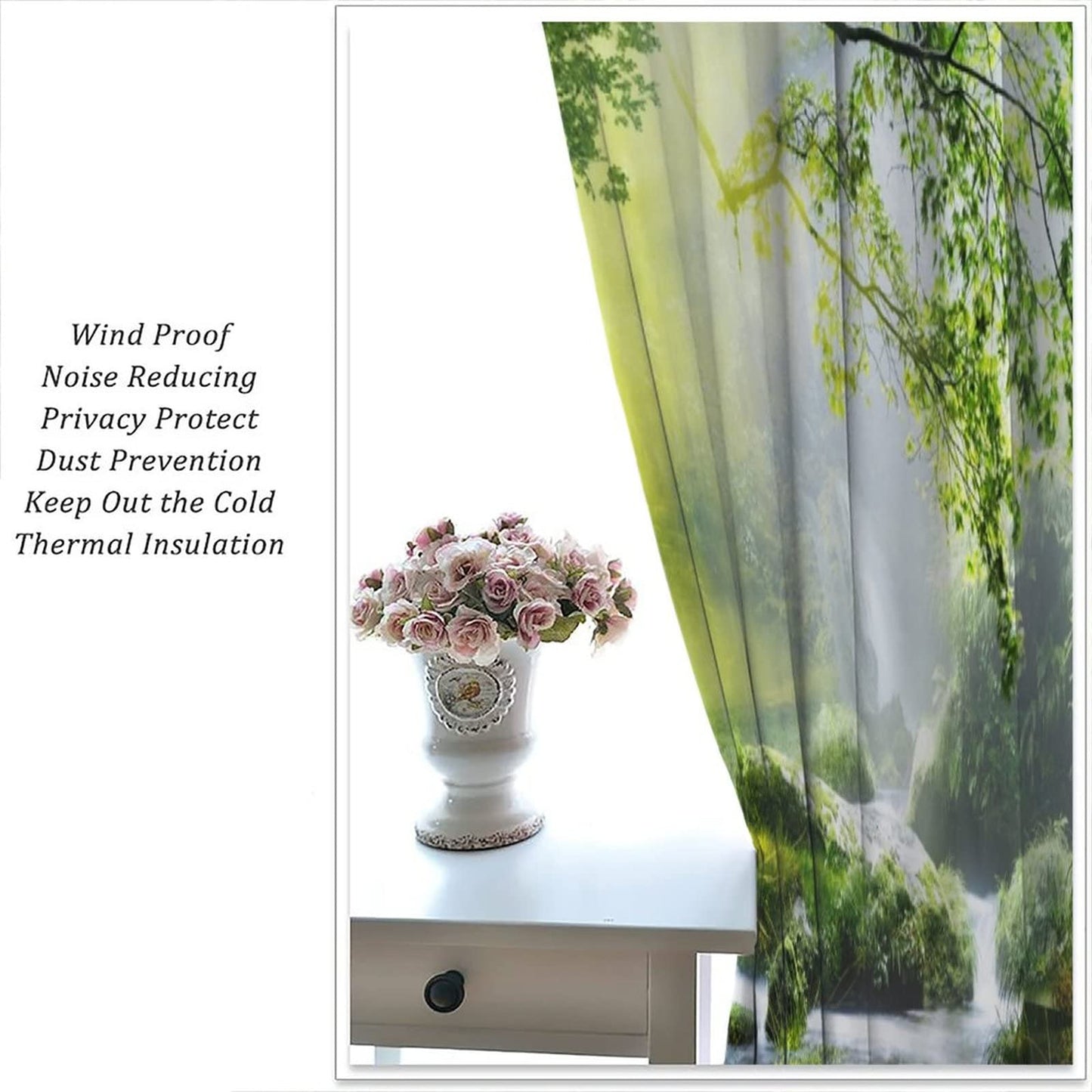 Spring Waterfall Curtains Forest Moss Green Plants Theme Bedroom Living Room Cafe Decor Rod Pocket Blackout Window Drapes 2 Panels Set 42x45in
