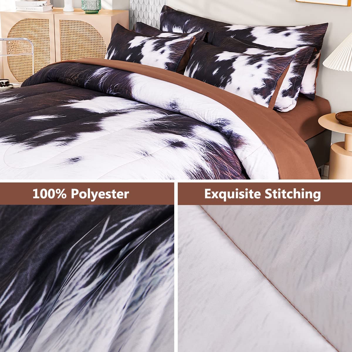 SUCSES Cow Print Bedding Comforter Set Full Size 8 Pieces Western Farmhouse Wrangler Bedding Set Highland Rustic Bed in A Bag Bed Set with Sheets for Boys(Cow Fur Pattern, Full)