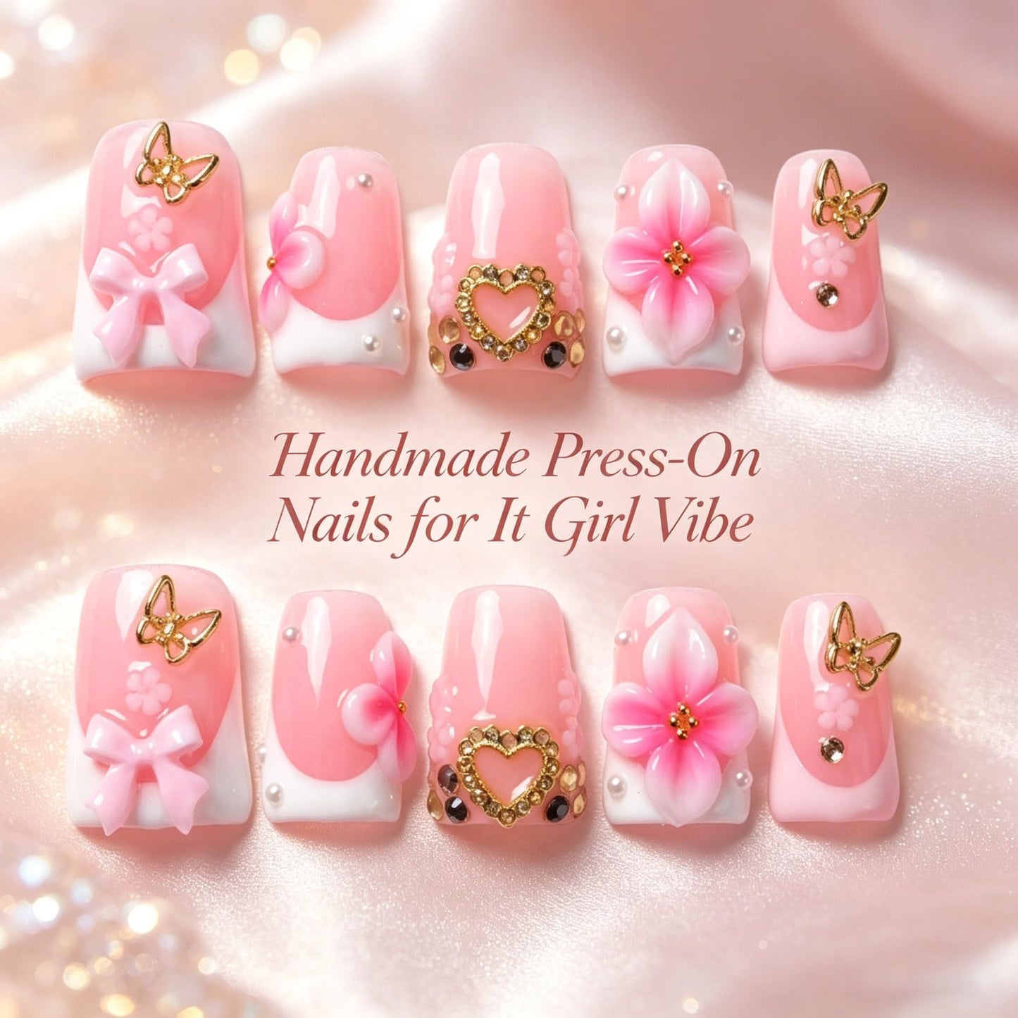 Handmade Press on Nails 3D Cute Glue on Nails for Women, Luxury Duck Nail Art Design, Fake Nails with 3D Nail Charms Size M 10