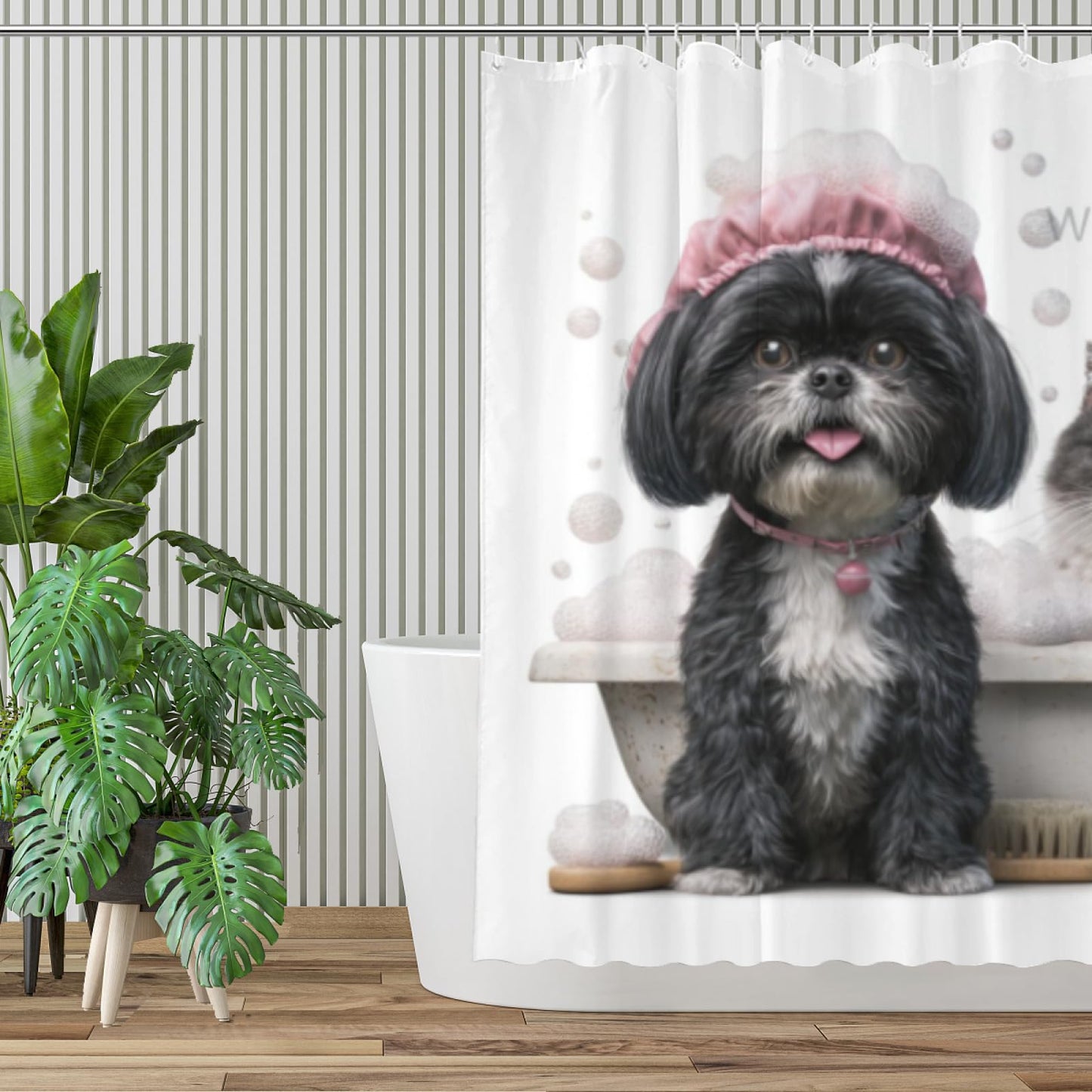 Wordatu Funny Black Shih Tzu Shower Curtain Decor Fabric Bathroom Curtains, Kids Children Cartoon Waterproof 72x72 inch with 12 Hooks