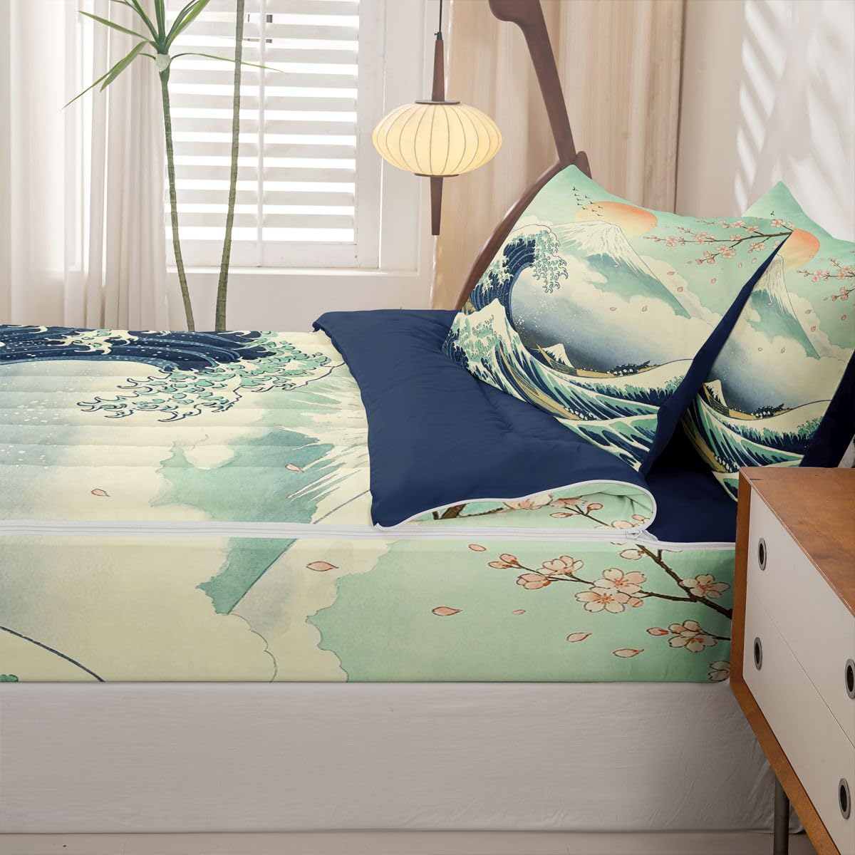 Feelyou Japanese Wave Comforter Set Full Size Zipper Bedding Set for Girls Boys Anime Comforter with Fitted Sheet, Pillowcases Japan Zipper Bedding Soft Breathable Bed in a Bag