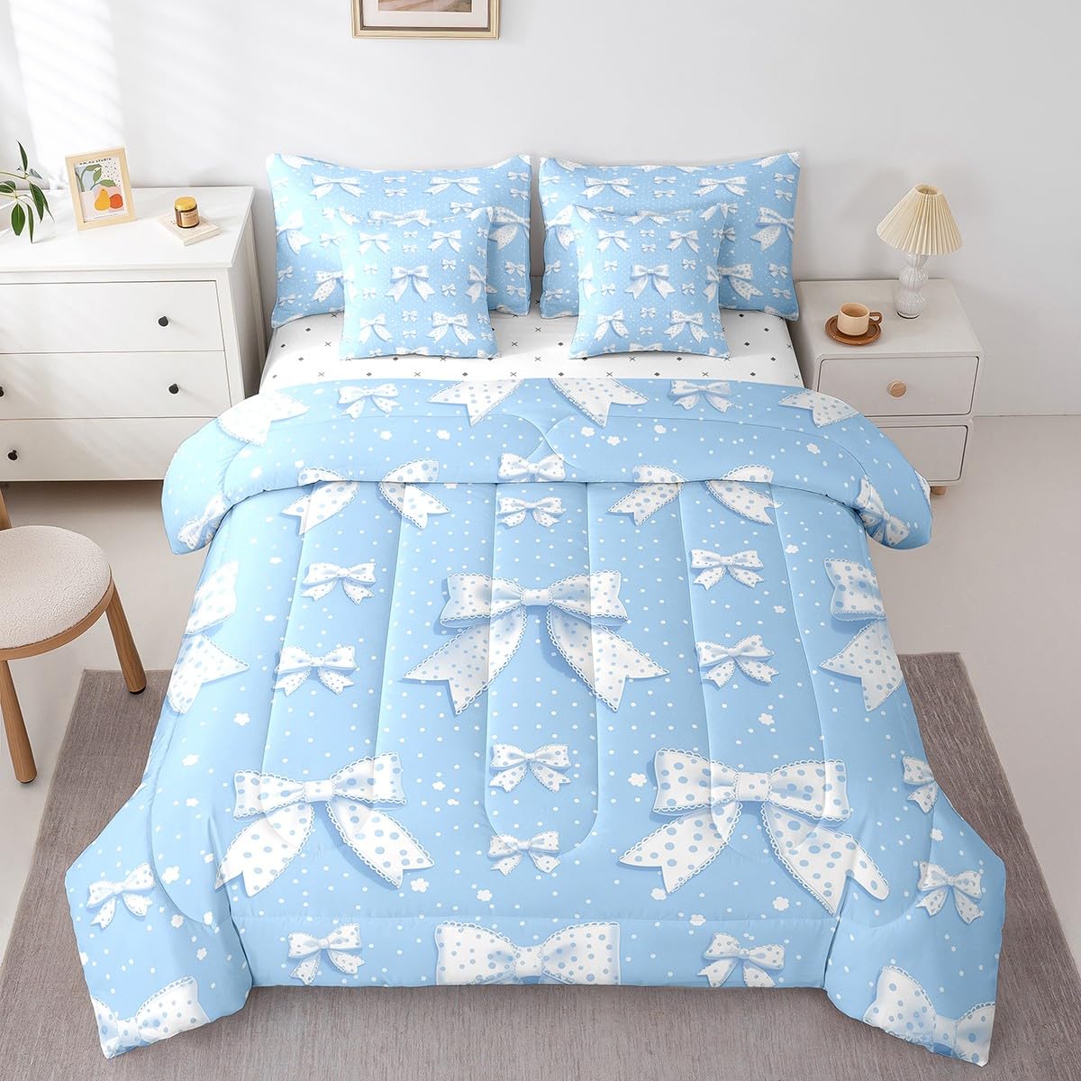 Erosebridal Cute Bowknot Bedding Set Twin Size 7 Piece Bed in a Bag, Simple Polka Dots Bed Set, Cartoon Bows Printed Kids Adults Room Decor Bedding Bed Sets, Blue White Kawaii Bed Sheets Set