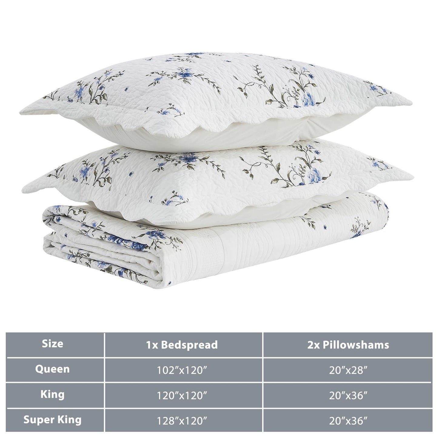 CozyStitch Floral Bedspread 128"x120" California King Quilt, 100% Cotton XL Oversized King Bedspread Coverlet Set with 2 Pillowshams, Lightweight Farmhouse Quilted Comforter, White/Blue/Green, 3 Pcs